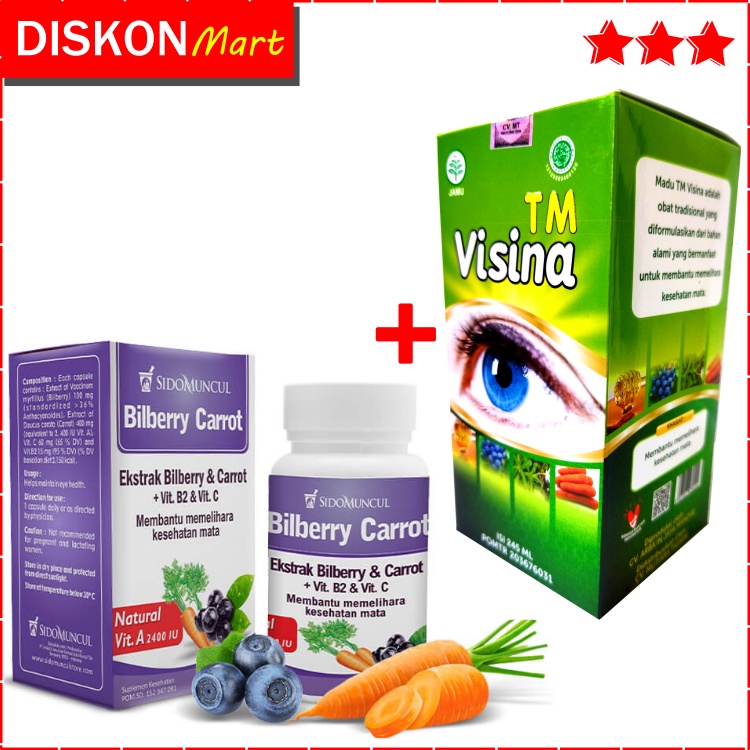 PAKET MURAH OBAT VITAMIN MATA : KAPSUL BILBERRY CARROT SIDOMUNCUL BILLBERRY VIT C VIT B2 & MADU TM V
