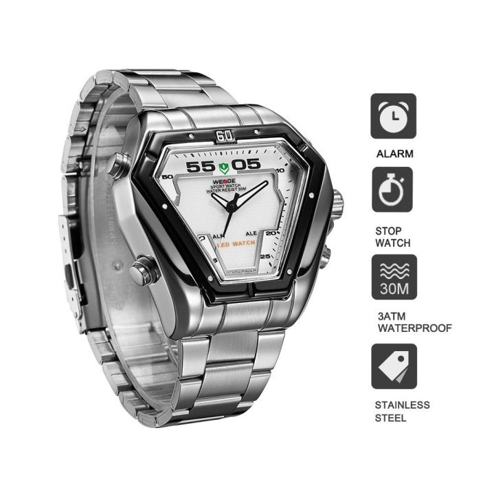 Weide 1102 Jam Tangan Pria Casual Fashion Sport Analog Quartz - Digital Stainless Steel 50 mm - Anti Air 30 M - All Button Active