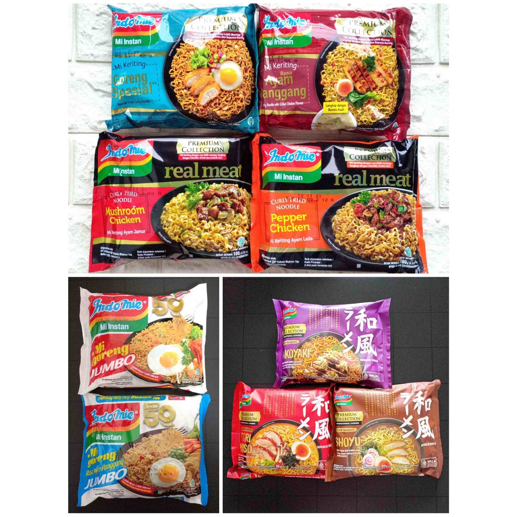 Indomie Jumbo Premium Collection Real Meat Mi Mie Instan Keriting Takoyaki Shoyu Tori Miso Japanese Ramen Instant Goreng Spesial Rendang Ayam Panggang Jamur Lada