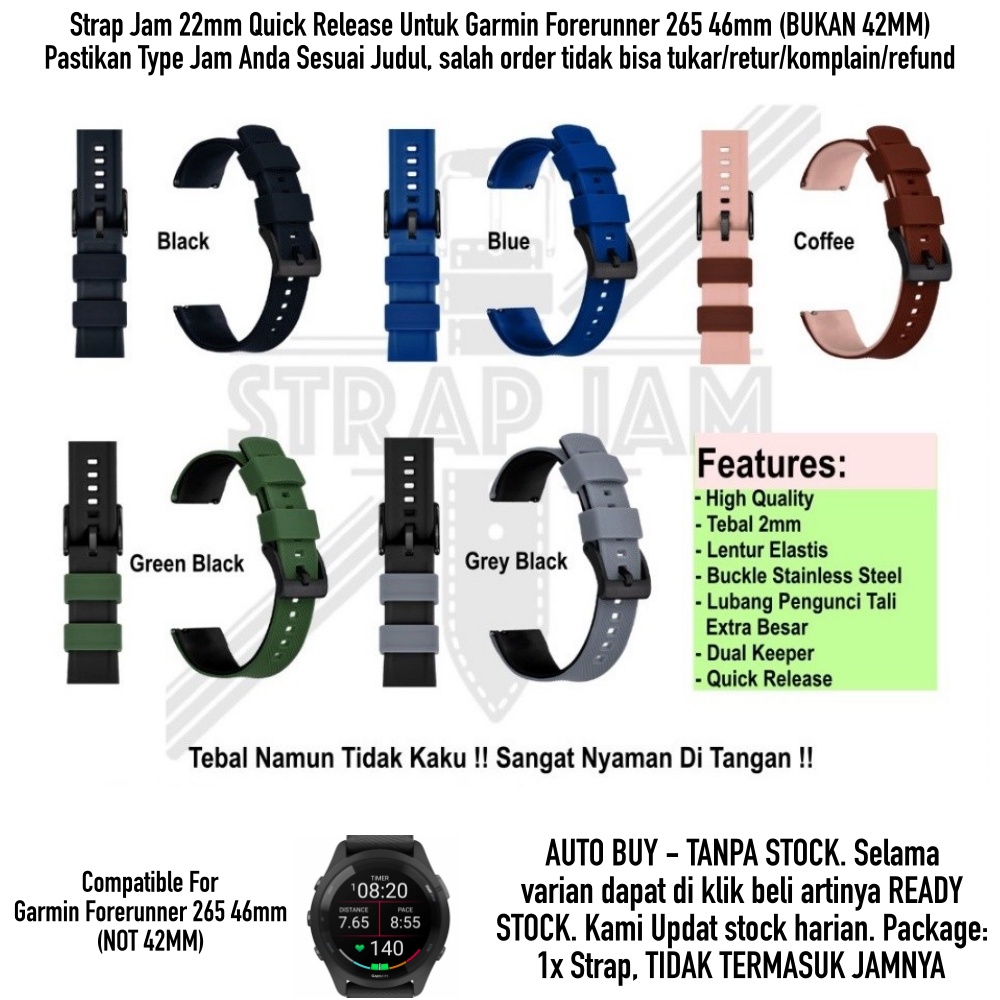 HNN Strap Garmin Forerunner 265 46mm - Tali Jam Tangan 22mm Rubber Lentur Nyaman