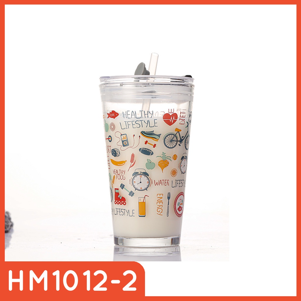 Gelas Tumblr Kaca Bening Gelas Mug Gelas Kaca dengan Tutup Anti Bocor 400ml Botol Minum Kaca Gratis Sedotan