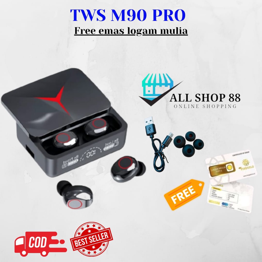 [ COD ] TWS M90 PRO FREE EMAS LOGAM MULIA HEADSET BLUETOOTH WIRELESS GAMING