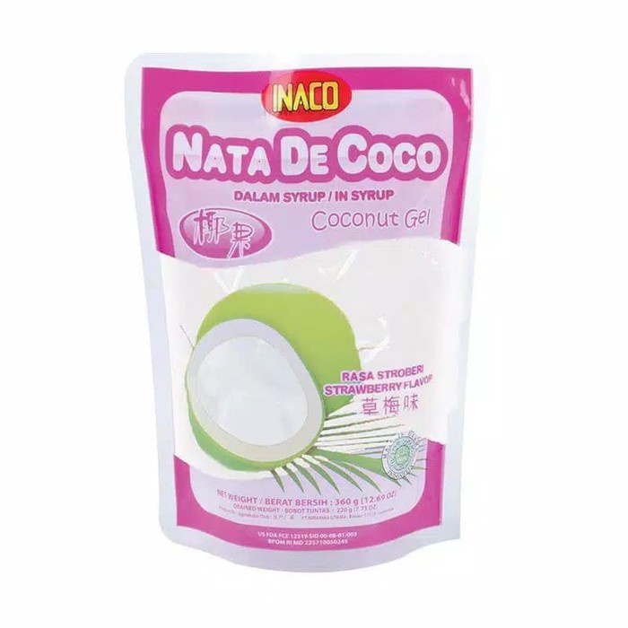 

INACO NATA DE COCO RASA STRAWBERRY 360 GRAM, 1 KARTON ISI 24 PACK