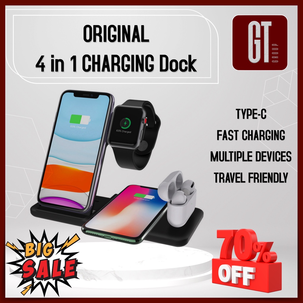 ELAVO ORIGINAL Wireless Charging TRAVEL Charger Dock 4 Station 6 in 1 Fast Charger QUICK CHARGE Handphone Hp apple watch iphone Samsung Android IOS 4 hp Airpods Earphone Headset ULTRA X XR XS 11 12 13 14 15 PRO MAX