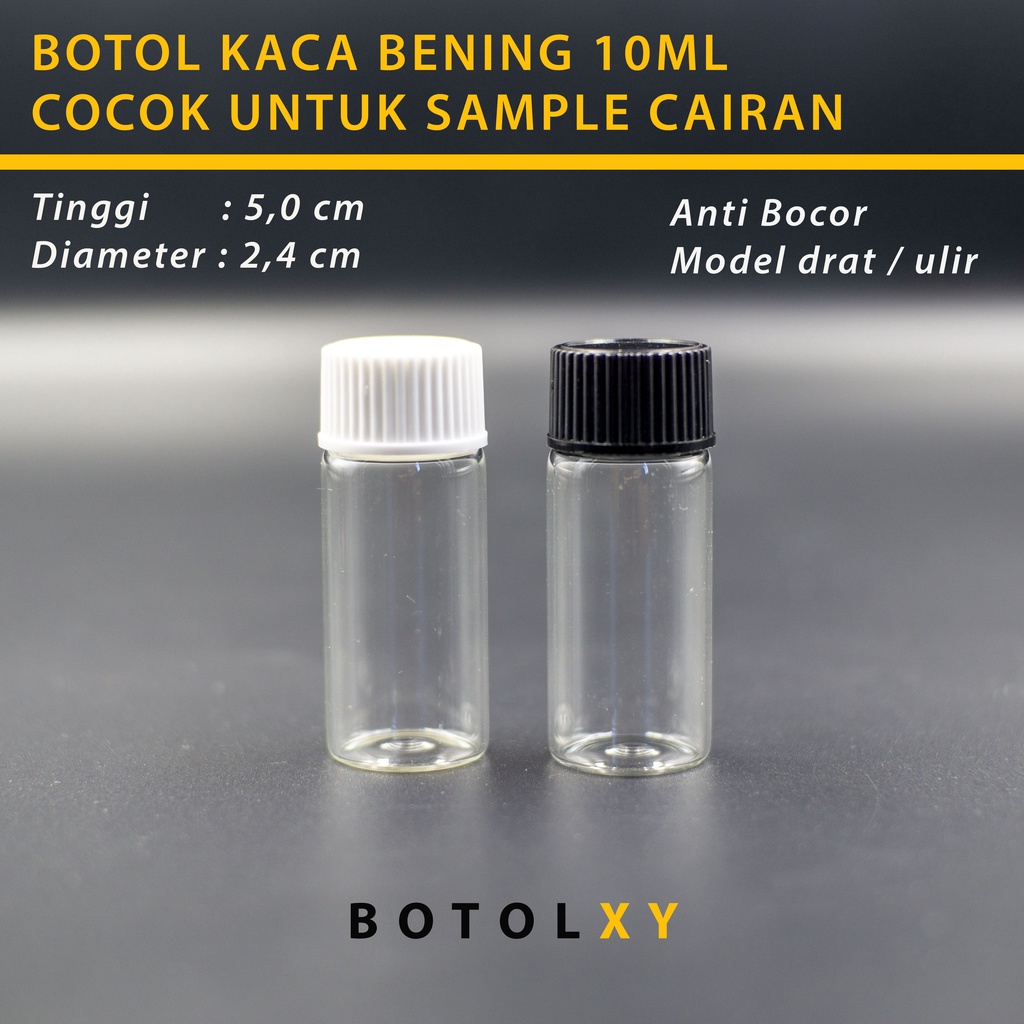 Botol 10ml Kaca Bening Tutup Ulir Drat Putar Hitam / Putih - Botol Sample Tester