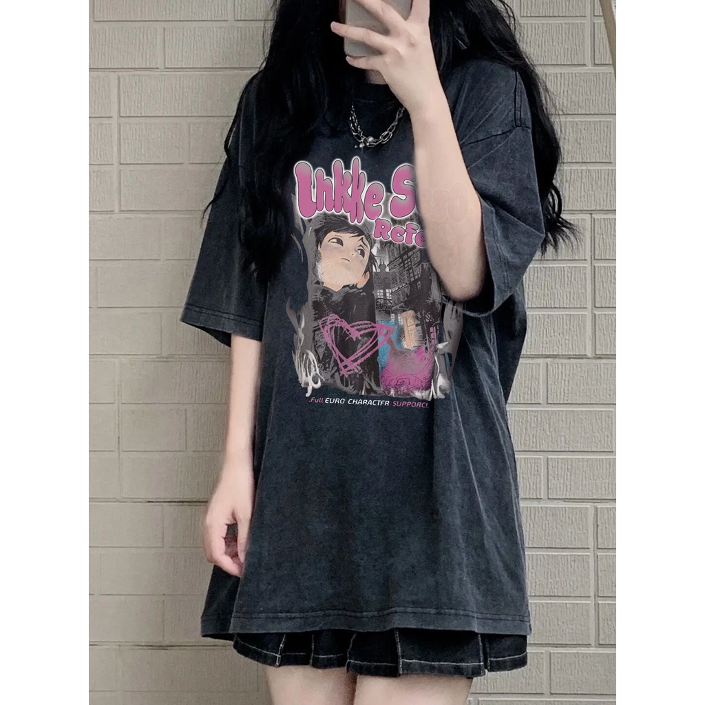 EUNII T-shirt Lengan Pendek Black Washed Retro Anime Character Printing Korean Style/Kaos Atasan Wanita/Baju Wanita/Kaos Wanita