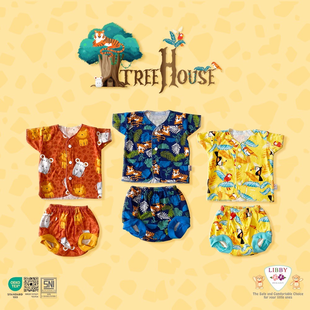 Libby Stelan Baju Lengan Pendek &amp; Celana Pop - Tree House Series (isi 3Pcs) Baju Bayi