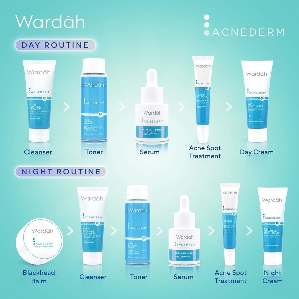 WARDAH Acnederm Day Moisturizer Indonesia / Pelembab Wajah 40ml / Derma Treat Actives With SPF 15 Bantu Melembabkan Dan Melindungi Kulit Dari Sinar UV / Sunscreen Sunblock Skincare Face Care Series / Foaming Cleanser Toner Serum Night Acne Spot Gel Powder