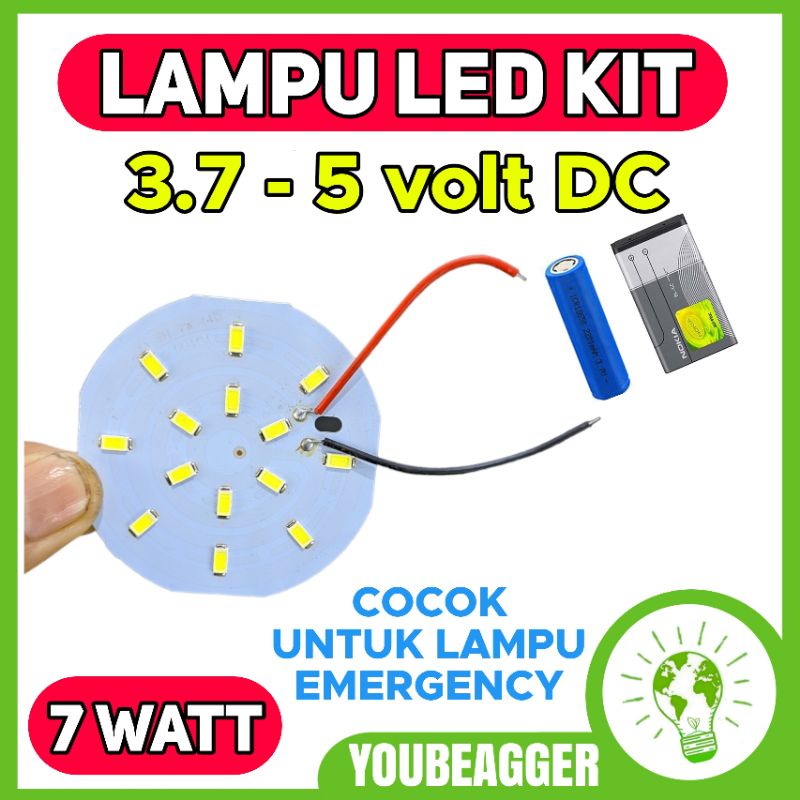 Led 3,7 - 5v DC 7 watt putih DIY lampu emergency ke baterai 18650 atau powerbank