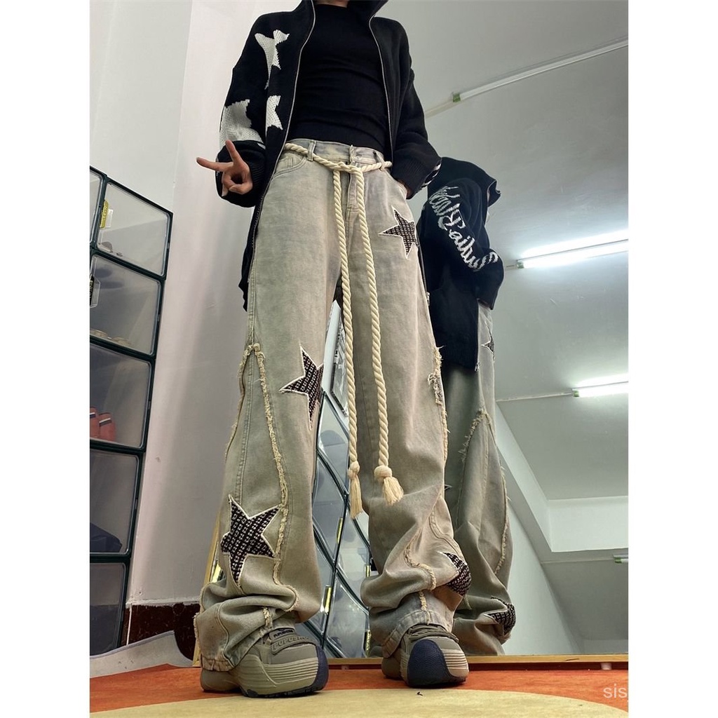 [✅BISA COD] #Sisjuly# Y2K Celana Jeans Wanita /Bordir Bintang Jeans Pinggang Tinggi Celana Kaki Lebar
