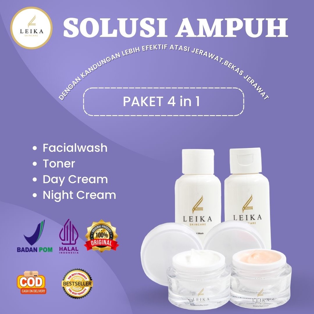 Paket Perawatan Wajah 4 in 1 Leika Skincare Ampuh Efektif Glowing Day,Glowing Night,Facial Wash,Tone