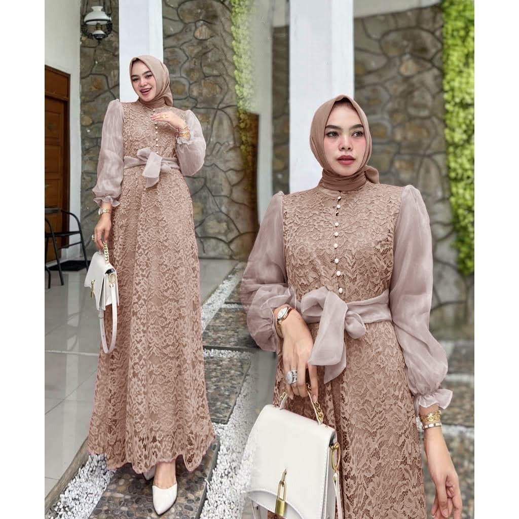 ELDE 12 - Maxy Dress Kalayla ( M - L - XL ) Maxi Gamis Bahan Brukat Corneli Premium Lapis Furing Depan Blkg Kombi Organza Import , Sleting Blkg Depan Kancing Variasi + Ada Tali Belt Organza