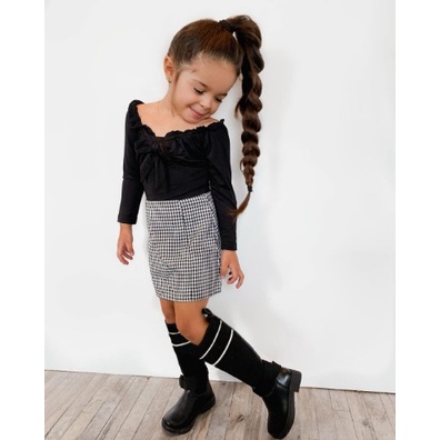 SETELAN ANAK CEWEK MODEL HOUNDSTOOTH ROK KOTAK KOTAK HITAM PUTIH BAJU HITAM SIZE 90-130