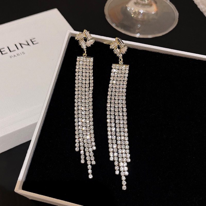 925 Perak Jarum Panjang Rumbai Berlian Imitasi Anting Wanita Fashion Berlian Stud Earring