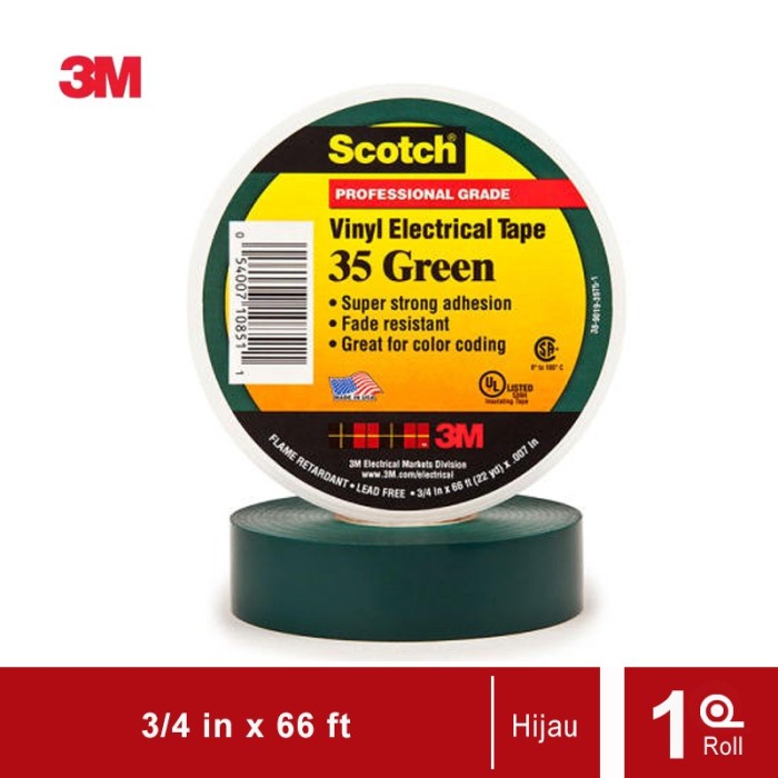 

Terlaris Isolasi Listrik 3M Scotch 35 Vinyl Electrical - Hijau - (19Mm X 20M)