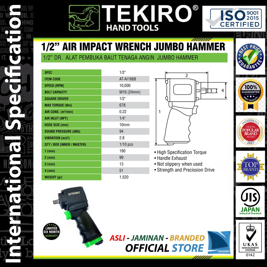 Kunci Sock Angin 1/2&quot; inch DR. Palu Jumbo / Jumbo Hammer Air Impact Wrench TEKIRO