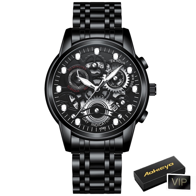 Aokeyo 4088 Jam Tangan Pria Anti Air Original Luxury Stainless Steel（Free BOX+Kartu）-Full Black-F2