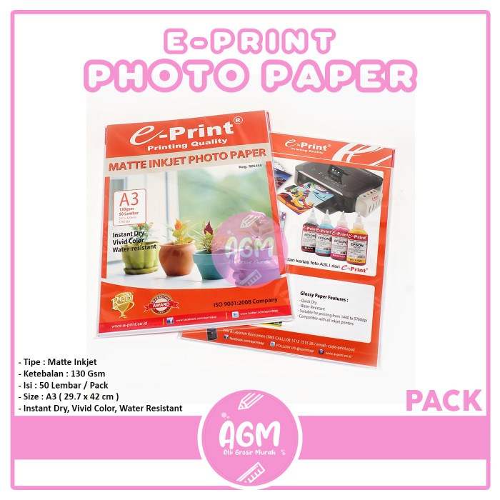 

E-PRINT - Photo Paper Inkjet Matte A3 130gsm 50S - Pcs