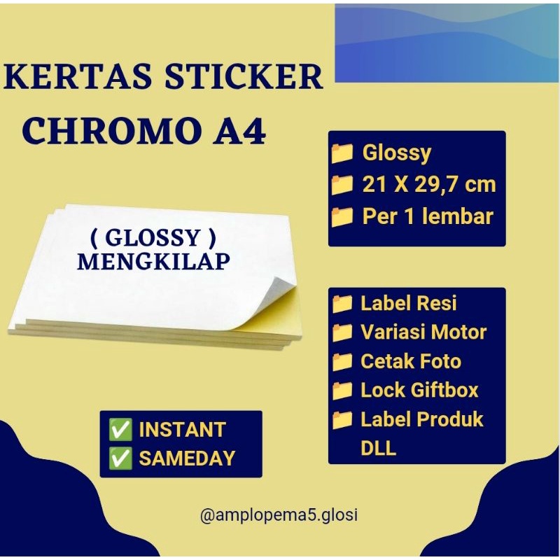

Kertas sticker chromo A4 glossy/mengkilap