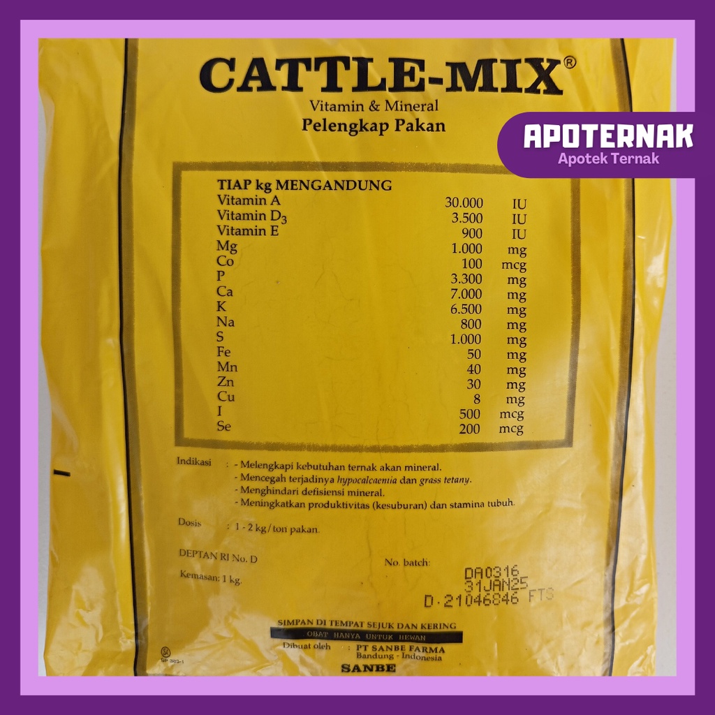 PREMIX CATTLE MIX 1 kg | Multivitamin Mineral Penggemuk Sapi Kambing Hewan Ternak | Premix Cattle Mix Sanbe