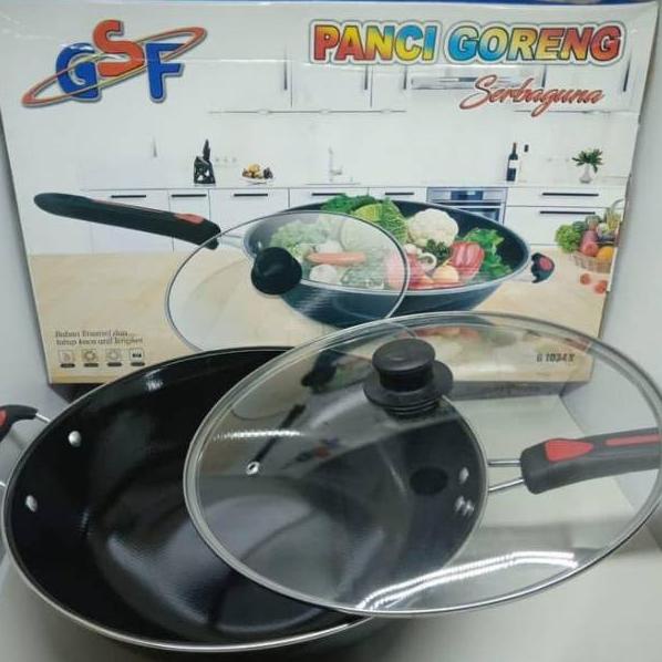 Stok Terbatas PANCI GORENG SERBAGUNA / WAJAN ENAMEL TUTUP KACA 32 cm GSF