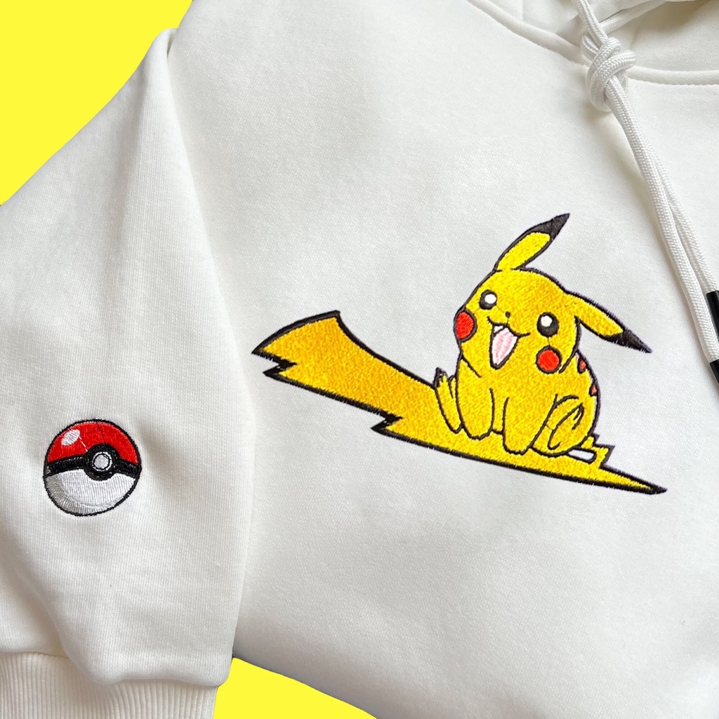 Hoodie Pikachu Lightning White Embroidery Pokemon Go Premium Unisex