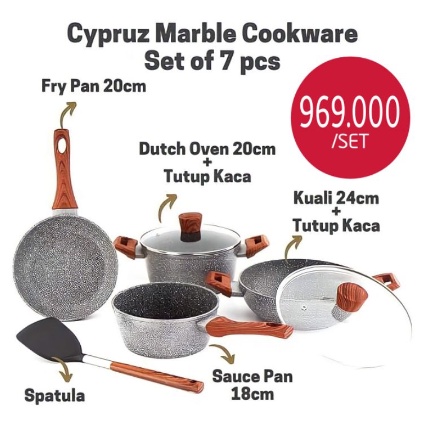 Cypruz Marble Cookware Set of 7 pcs, panci teflon set anti lengket, set panci marble mewah cyprus