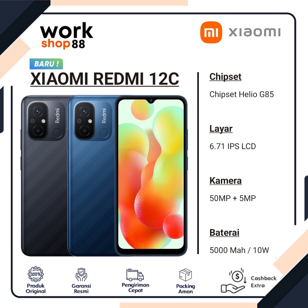 Produk Baru - Hp Xiaomi Redmi 12C - [4GB + 3GB Extended Up To Ram 7GB] | Rom 128GB - New Original - 