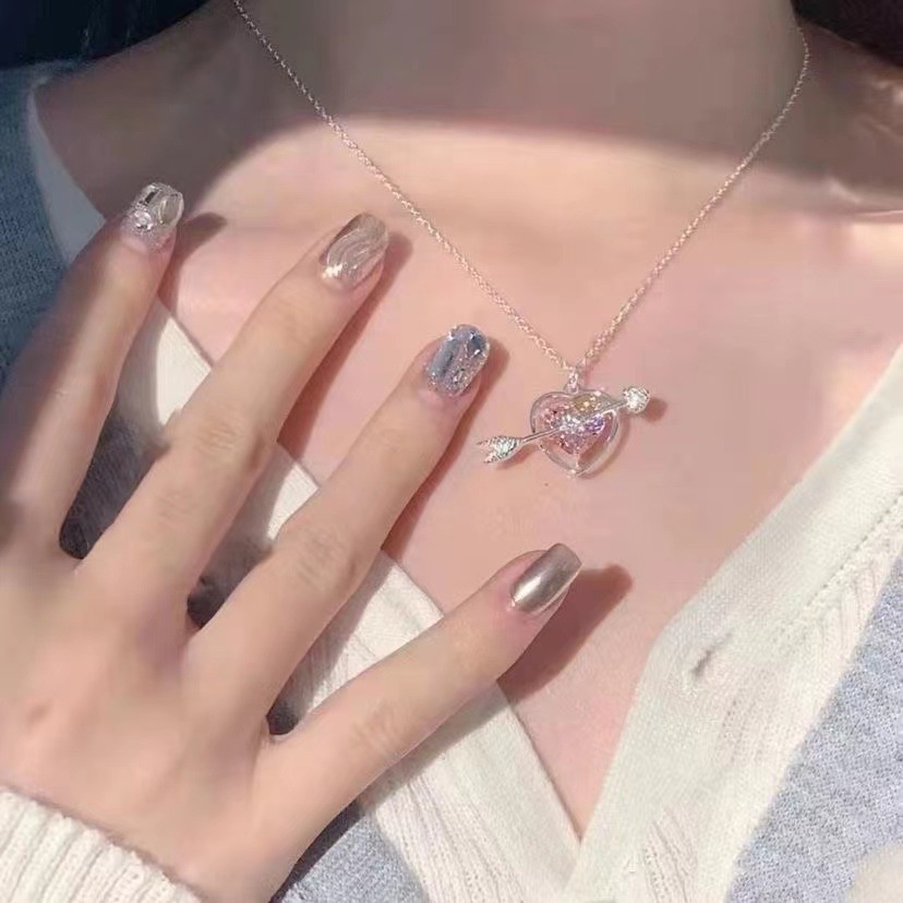 Korea Ins Kalung Rantai Klavikula Bentuk Hati Love Cupid's Arrow Untuk Wanita Set Gelang Desain Pink