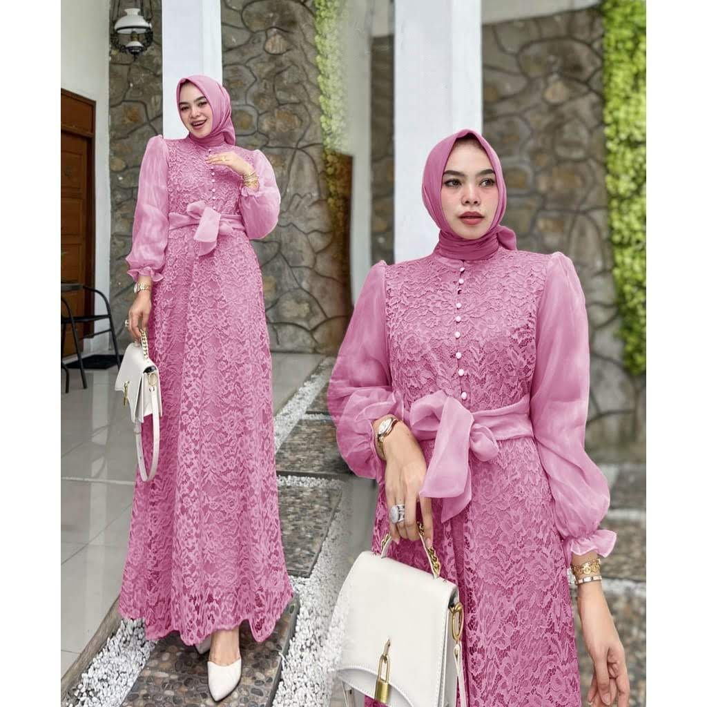 ELDE 12 - Maxy Dress Kalayla ( M - L - XL ) Maxi Gamis Bahan Brukat Corneli Premium Lapis Furing Depan Blkg Kombi Organza Import , Sleting Blkg Depan Kancing Variasi + Ada Tali Belt Organza