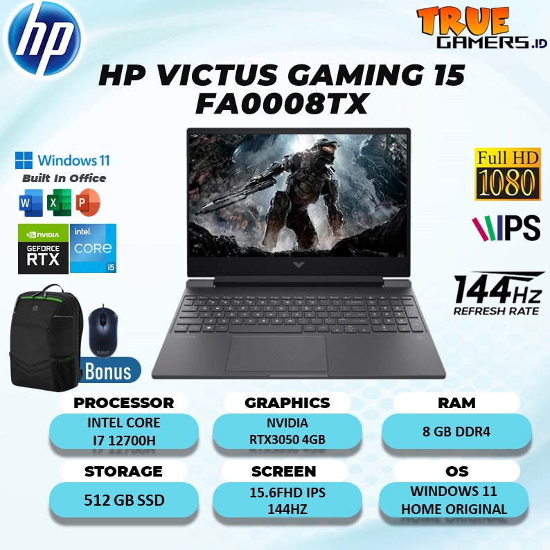 HP VICTUS GAMING 15 FA0008TX RTX3050 4GB I7 12700H 16GB 512SSD W11+OHS 15.6FHD IPS 144HZ