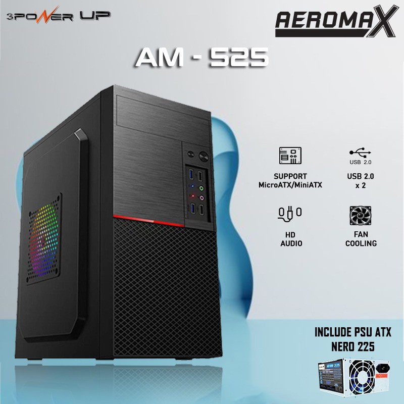 Power Up Casing Aero Max AM-525 Mini Tower M-ATX With PSU 500w + 1 Fan Case RGB