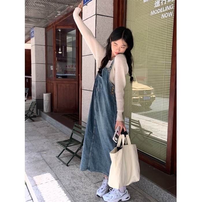 Red Kumikumi biru retro old denim suspender rok wanita musim gugur longgar all-match dress mid-length rok