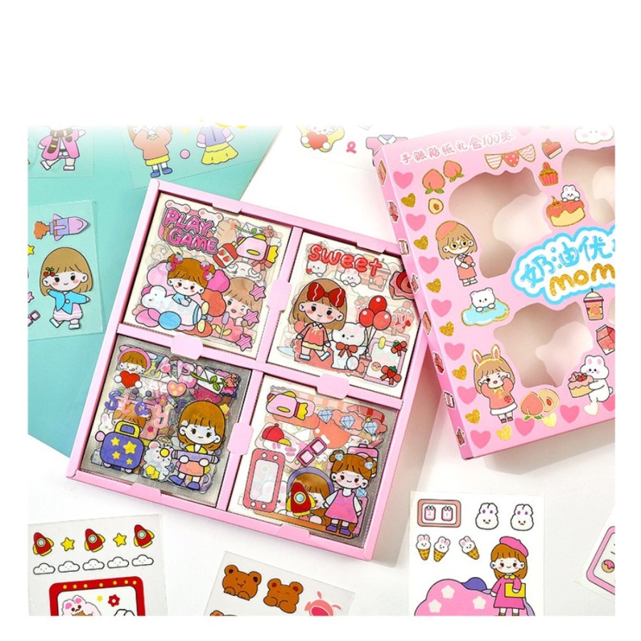 SCK2- 100 Lembar Sticker Motif 2D Kartun Korea Lucu Anti AIr Dapat Box Sticker Botol