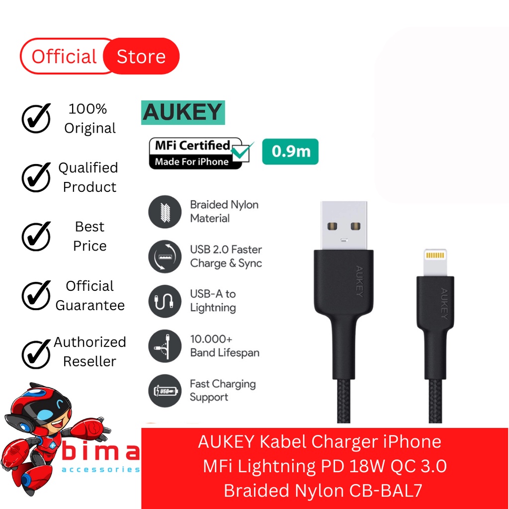 AUKEY Kabel Charger iPhone MFi Lightning Data Cable PD 18W QC 3.0 Braided Nylon CB-BAL7