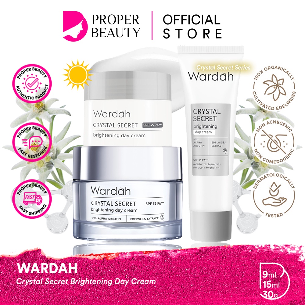 WARDAH Crystal Secret Brightening Day Cream Indonesia / Pelembab Wajah 9ml 15ml 30g / SPF 35 PA+++ / With Alpha Arbutin Edelweiss Extract / Moisturizes And Protects Skin From UVA/UVB Crystal Bright Skin / Skincare Face Care Series / Pagi Malam Night Krim