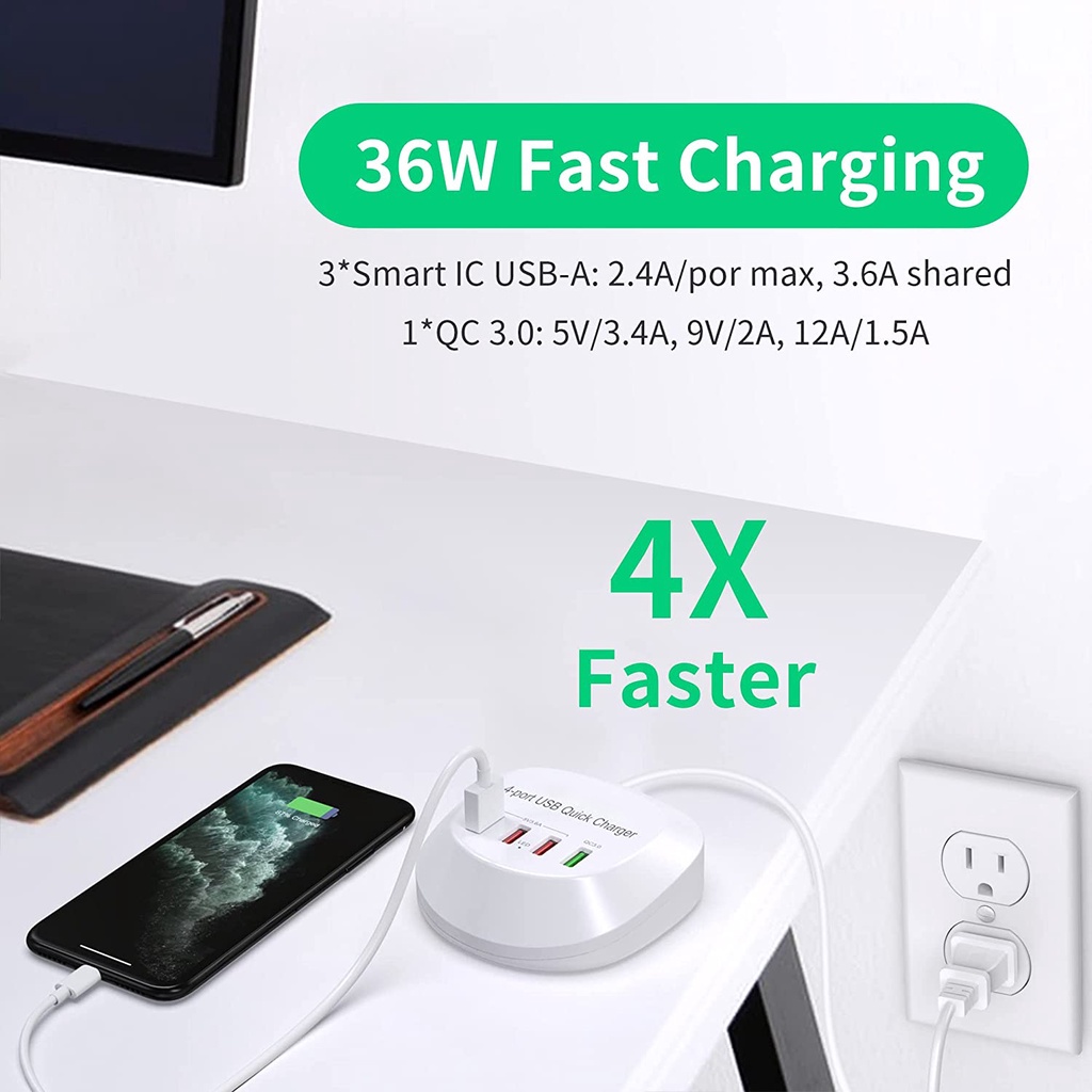 Actual【COD】36W 4 Ports USB Multi Port Charger Fast Charger 3.0 Fast PD Charger Adapter Station 3A QC3.0 Phone