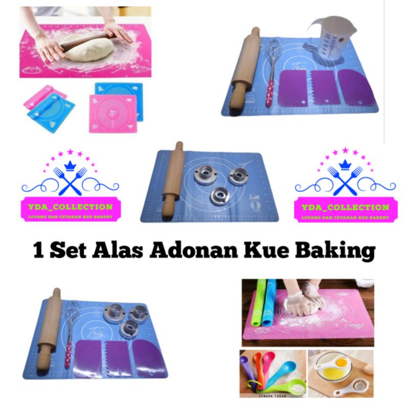 1 Set Alas adonan lengkap dengan rolling pin kayu / Alas adonan silikon / Cetakan kue