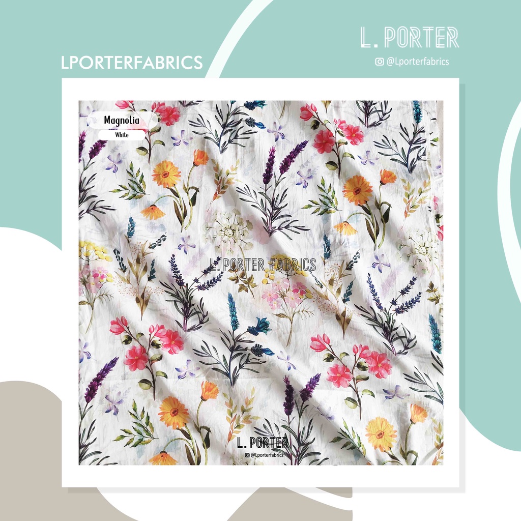 Kain bunga motif Magnolia White on Cotton Poplin/Cotton/kain cotton halus/kan dress/kain halus/cotto