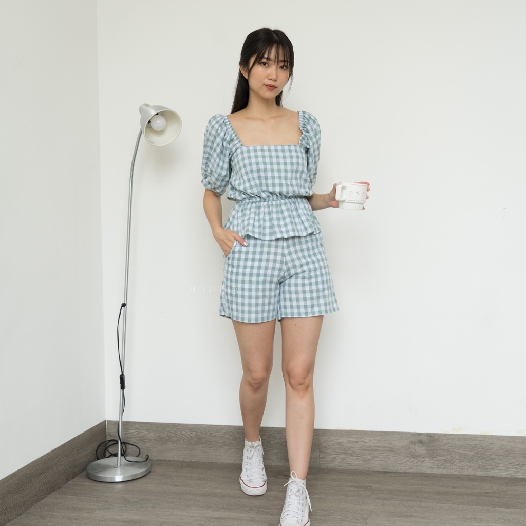 Wear Milota- Yurim Gingham Set || Setelan Wanita Gingham Korea Kotak Celana Puffy Sleeves Baju Wanita Celana Pendek