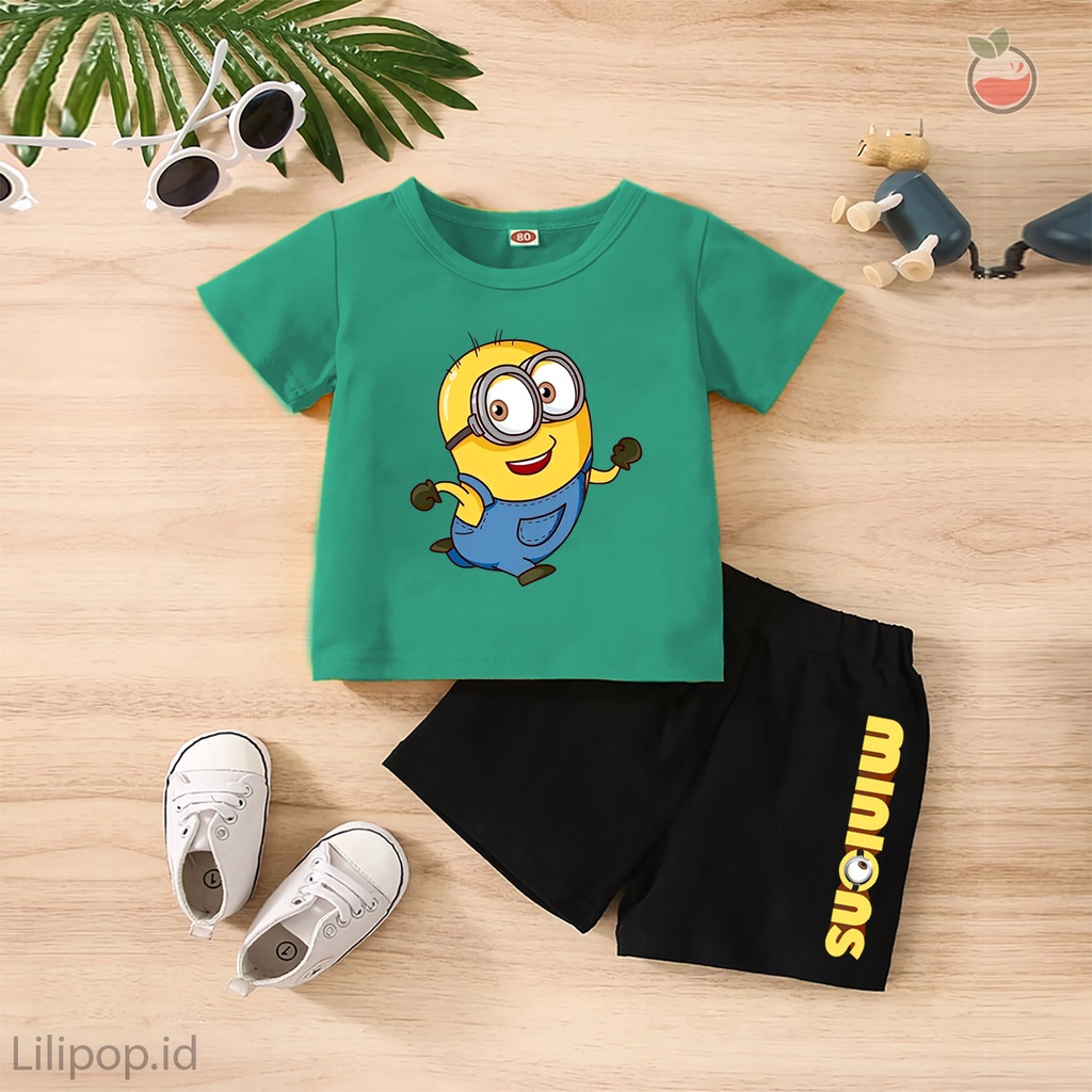 Baju Anak Stelan Kaos 3/4 MINION Cowok Cewek  Usia 1 - 4 Tahun Celana Pendek Harian