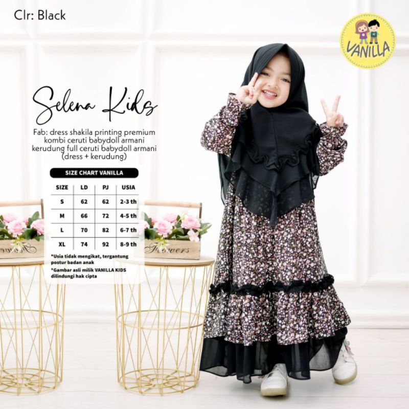selena kids gamis anak set kerudung bahan shakila printing mix ceruty adem ori by vanilla