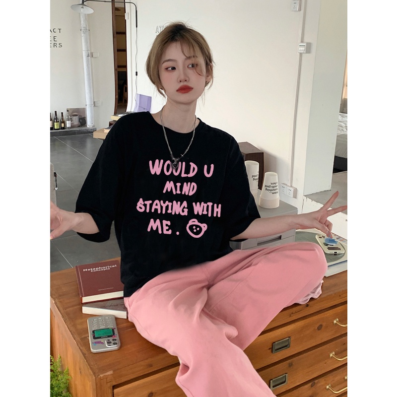 EUNII T-shirt Lengan Pendek Cartoon Pink Pig Korean Style/Kaos Atasan Wanita/Baju Kaus Oversize Wanita/Kaos Wanita