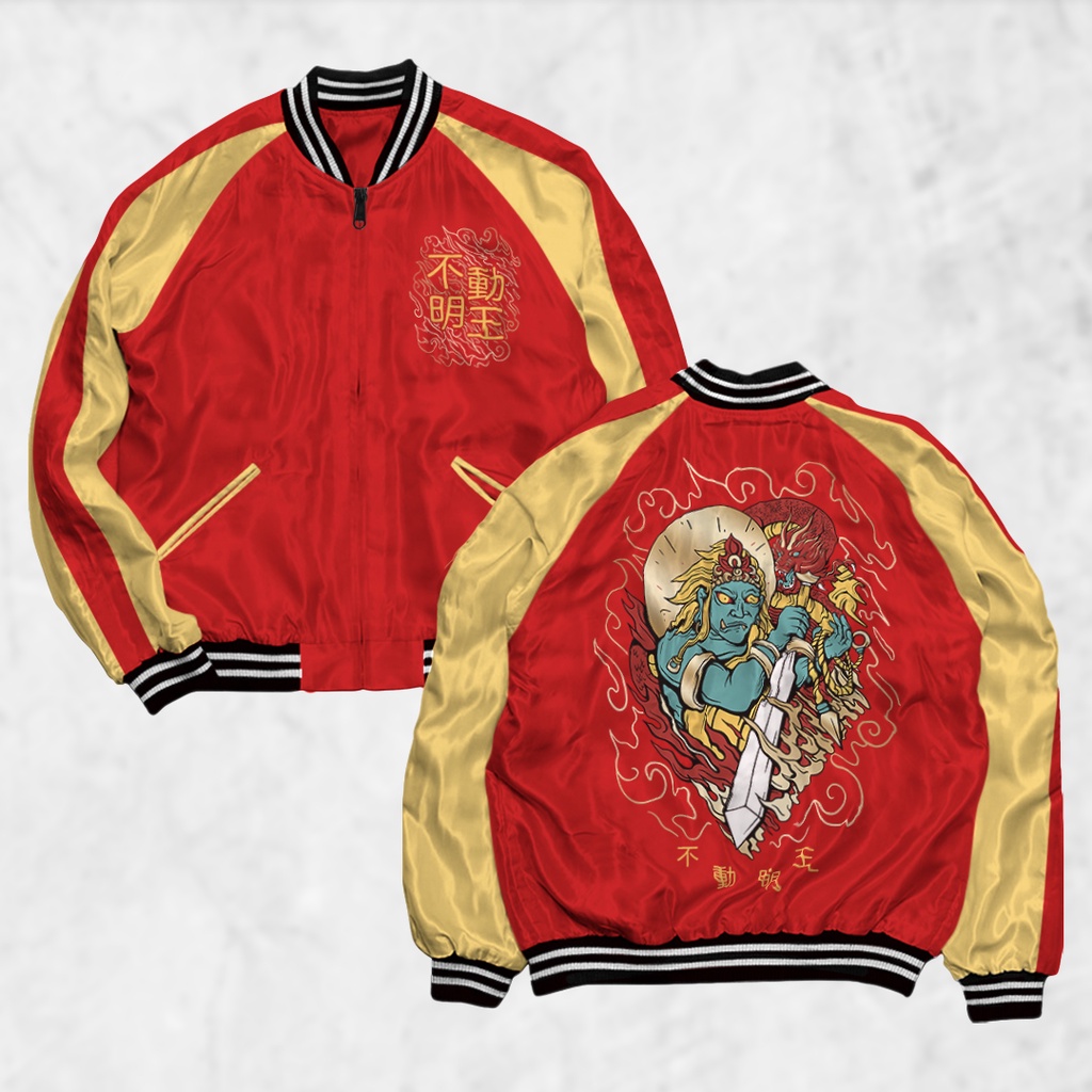 PIYAMAKUMU Jaket Sukajan RAIJIN Pria Wanita Distro Unisex Japan Premium Original MERAH GOLD
