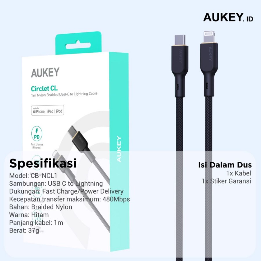 Kabel Charger iPhone Aukey CB-NCL1 USB-C to Lightning MFi 1m - 501676