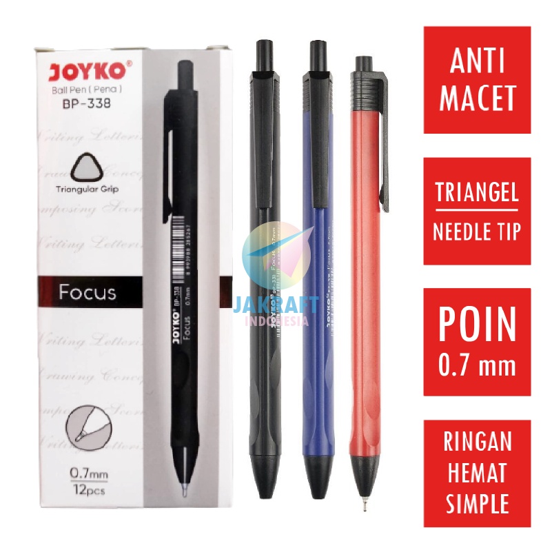 

(12 Pcs) Pulpen Bolpen Pen Klik JOYKO BP-338 Vocus 0.7 mm Warna Tinta Lengkap Hitam Black / Biru Blue / Merah Red
