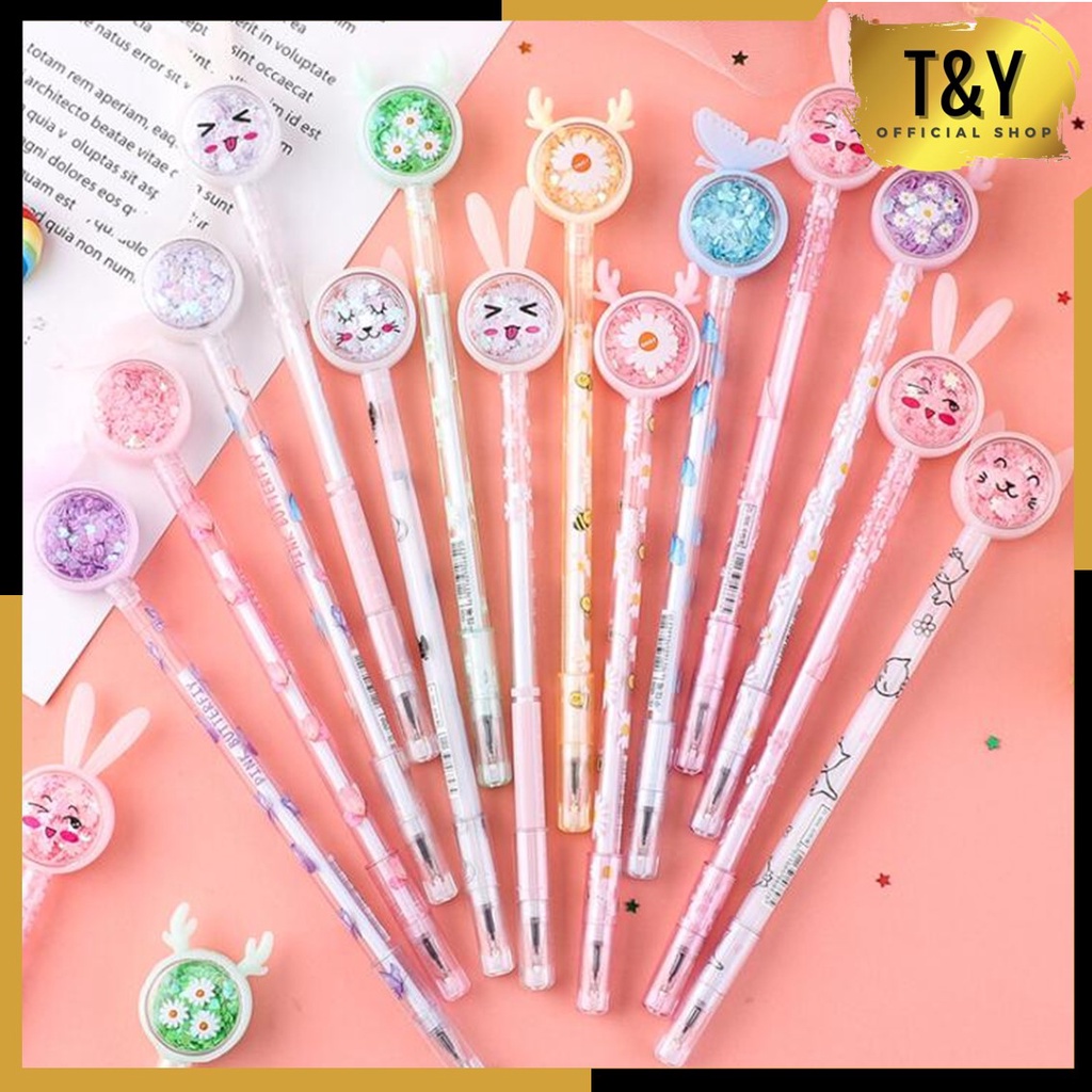 T&amp;Y Pena Karakter Payet Gliter Motif Bunny Lucu Black Ink Gel Pulpen Murah Gel Bolpen Gel Pastel Alat Tulis Karakter Kupu-Kupu Perlengkapan Sekolah Kantor Murah Import