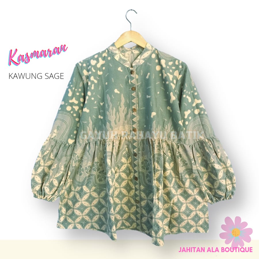 Kasmaran Kawung Sage - Blouse Batik Wanita Atasan Kerja Santai Modern