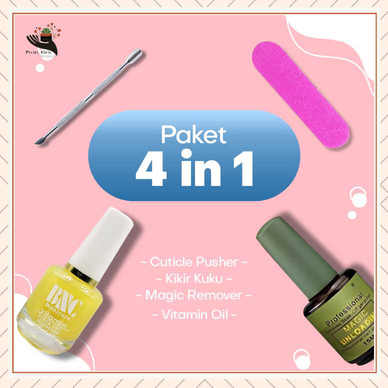 Pretty  SET 4IN1 ALAT PEMBERSIH KUTEK GEL/15ML MAGIC REMOVER/ASETON GEL POLISH INSTAN REMOVER