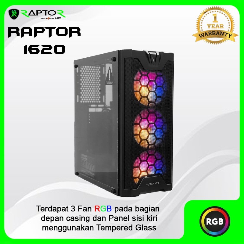 Power Up Raptor Casing 1620 Mid Tower ATX With PSU 500w + 3 Fan RGB Tempered Glass